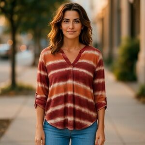 CATO Women's Large Pink Orange Stretch Tie Dye 3/4 Sleeve Casual Career Blouse